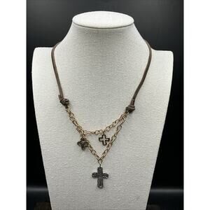 Barse Cross Charm Necklace- Bronze & Silver- Leather- NWT